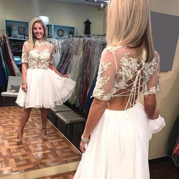 cocktail dresses half sleeves sheath white poet lace appliques prom dresses party dress open back plus size formal homecoming gown, Black