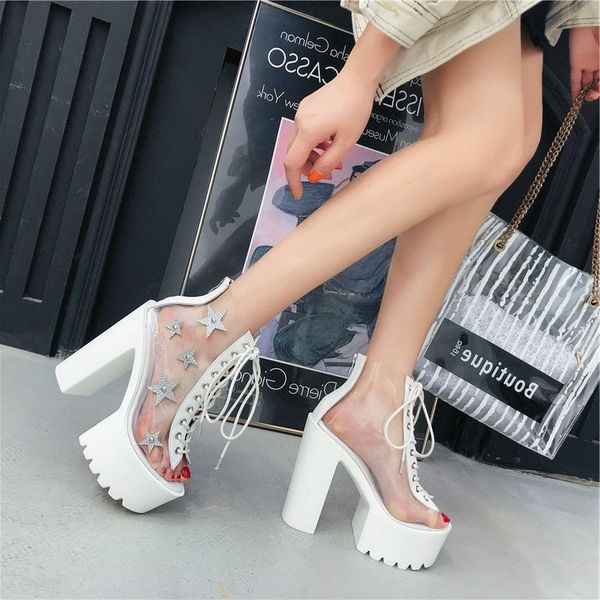 sandals thick high heel diamond transparent pointed star women's shoes strapping, Black