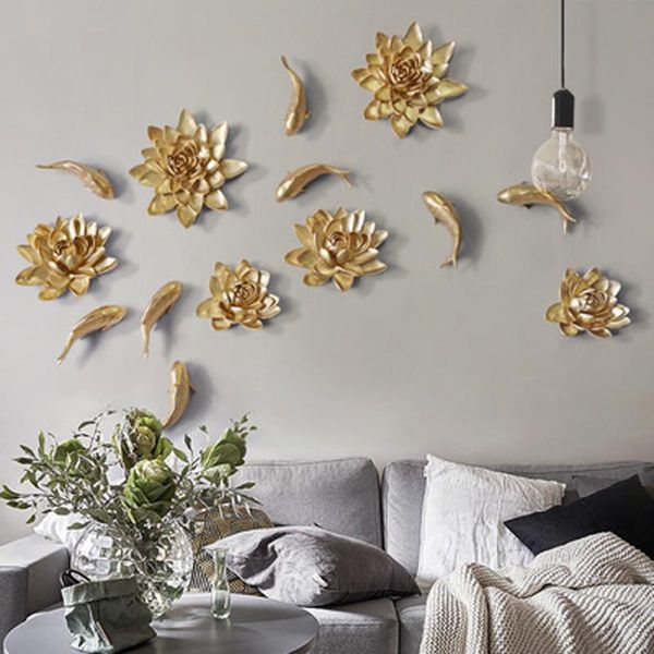 decorative objects & figurines 3d resin lotus fish flowers crafts decoration european livingroom home wall hanging ornaments sticker murals