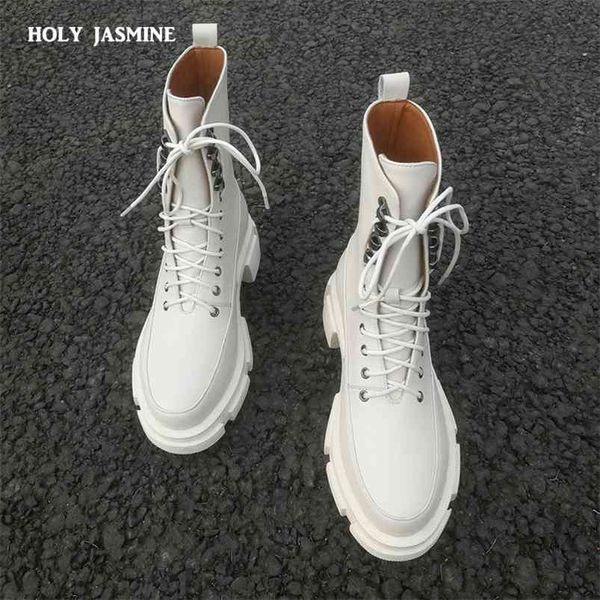spring lace-up ankle boots for women thick bottom round toe genuine leather boots black white all-match platform shoes 210914
spring lace-up ankle boots for women thick bottom round toe genuine leather boots black white all-match platform shoes 210914