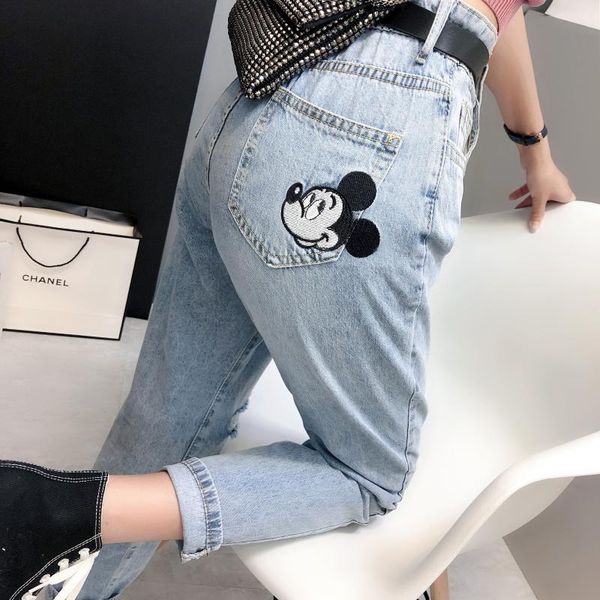 women's jeans summer women denim cute embroidered mouse loose harem pants ripped nine points with belt, Blue
women's jeans summer women denim cute embroidered mouse loose harem pants ripped nine points with belt, Blue
