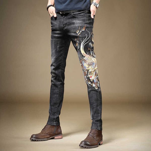 men's jeans breeze pants of the mythical chinese men beast embroidered skinny slacks streetwear black denim 81qe, Blue
men's jeans breeze pants of the mythical chinese men beast embroidered skinny slacks streetwear black denim 81qe, Blue
