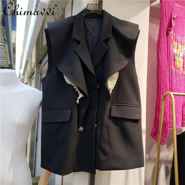 women's vests 2021 autumn women sleeveless contrast color pleated ruffled suit vest notched collar long black blazer, Black;white
women's vests 2021 autumn women sleeveless contrast color pleated ruffled suit vest notched collar long black blazer, Black;white
