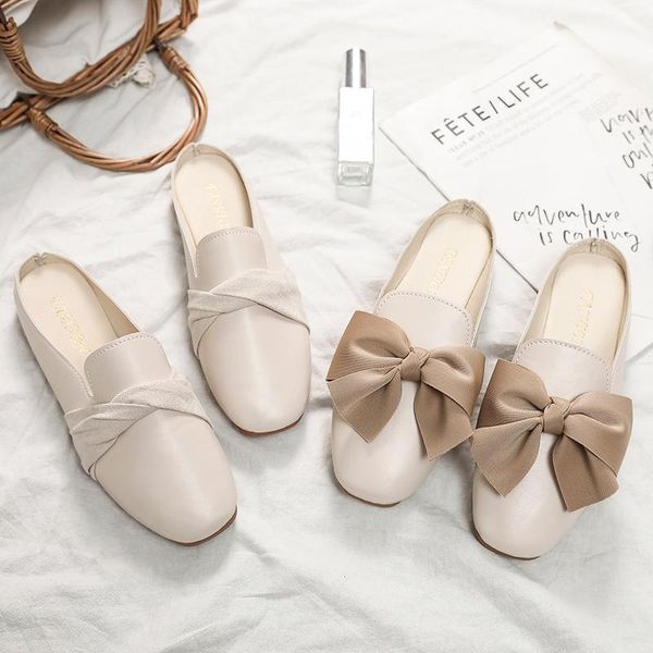 slippers loafers shoes mules for women 2021 female luxury slides cover toe butterfly-knot designer flat basic, Black