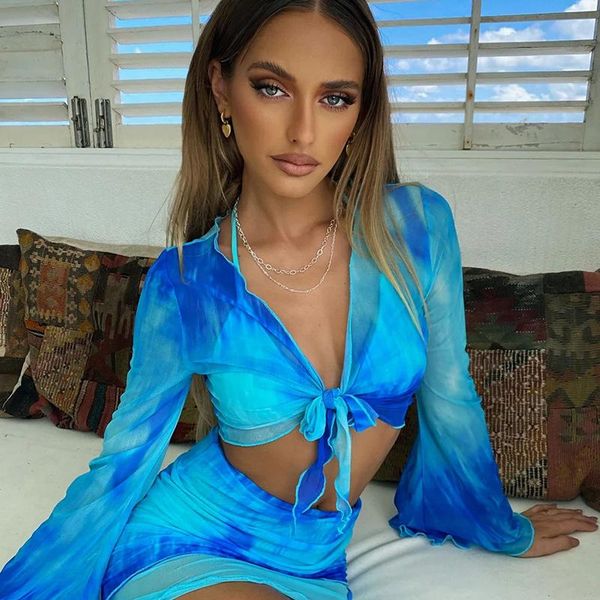 women's swimwear tie dyed mesh skirt european and american clothing 2021 summer printed open navel trumpet sleeve beach slim suit, White;black
women's swimwear tie dyed mesh skirt european and american clothing 2021 summer printed open navel trumpet sleeve beach slim suit, White;black