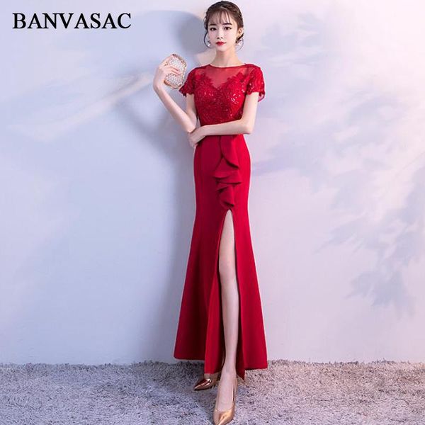 party dresses banvasac 2021 illusion o neck sequined ruffles split mermaid long evening lace appliques backless prom gowns, White;black
party dresses banvasac 2021 illusion o neck sequined ruffles split mermaid long evening lace appliques backless prom gowns, White;black