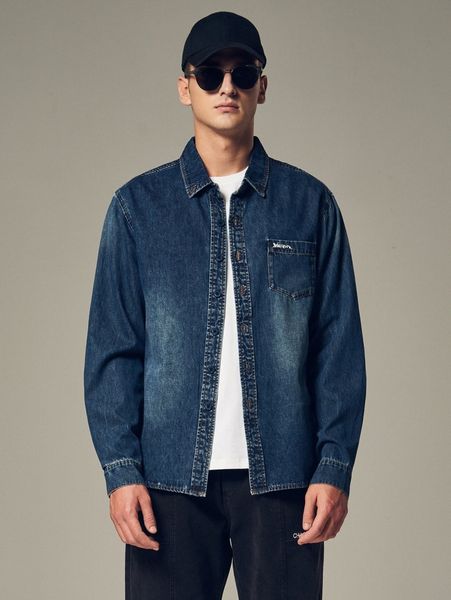 men button front denim shirt j2kv#, Blue