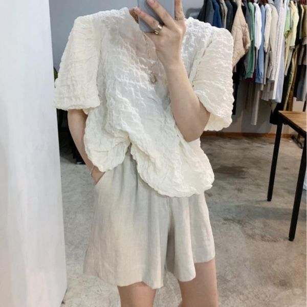 women's tracksuits korean style summer simplicity round neck pleated bubble cotton shirt + high waist loose casual women 's clothi, Gray
women's tracksuits korean style summer simplicity round neck pleated bubble cotton shirt + high waist loose casual women 's clothi, Gray