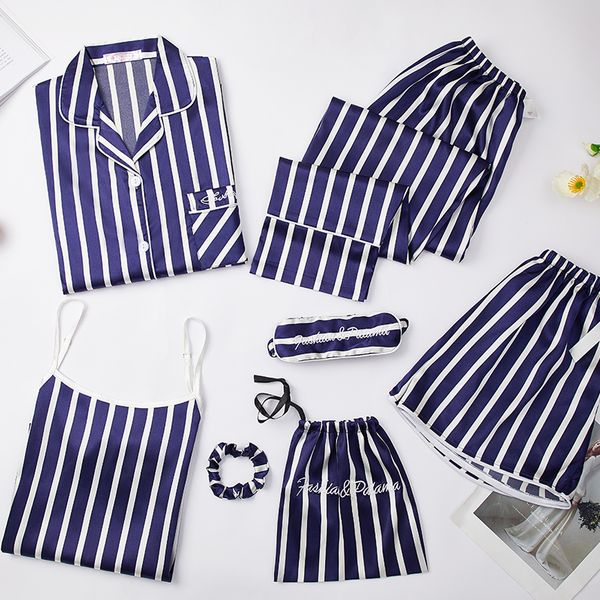 spring summer autumn 7 pcs silk pajamas women home clothes stripe shorts long sleeve elastic waist pants lounge sleepwear, Black;red
spring summer autumn 7 pcs silk pajamas women home clothes stripe shorts long sleeve elastic waist pants lounge sleepwear, Black;red