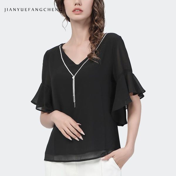 women's blouses & shirts fashion summer chiffon blouse women loose v-neck flare sleeve with metal tassel slimming plus size black casu, White
women's blouses & shirts fashion summer chiffon blouse women loose v-neck flare sleeve with metal tassel slimming plus size black casu, White