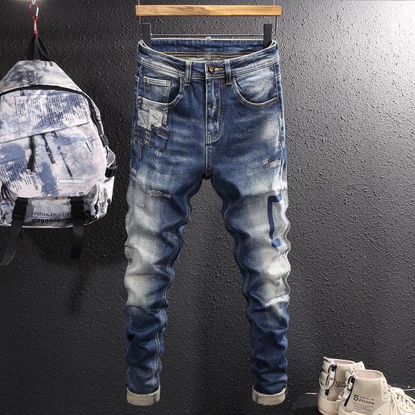 men's jeans street style fashion men retro blue elastic slim fit printed designer ripped patch hip hop denim pants
men's jeans street style fashion men retro blue elastic slim fit printed designer ripped patch hip hop denim pants