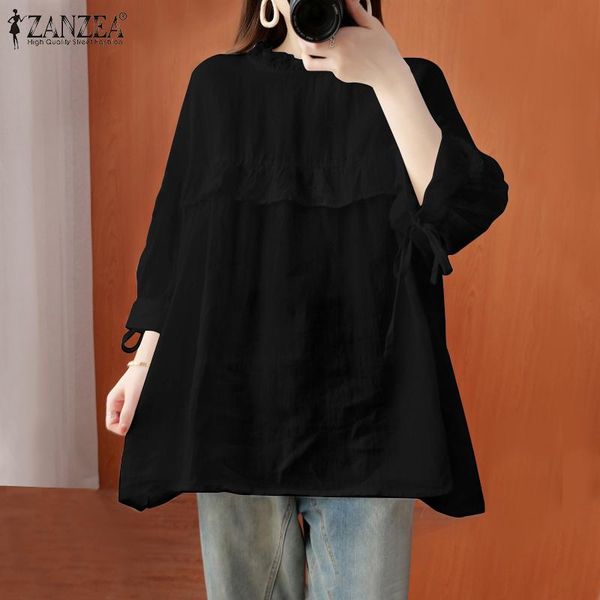 women's blouses & shirts summer solid color cotton elegant o-neck ruffles loose three quarter sleeve chemise casual workwear, White
women's blouses & shirts summer solid color cotton elegant o-neck ruffles loose three quarter sleeve chemise casual workwear, White