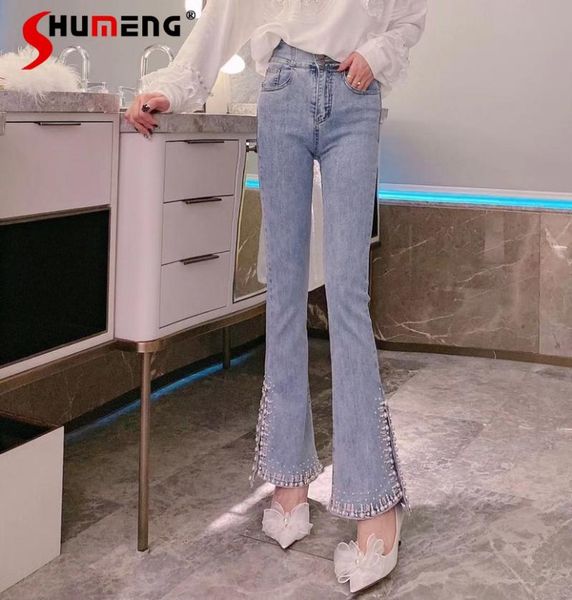 women's jeans 2021 spring autumn european heavy industry beads split high waist slim flare women denim pants fashion jean trousers, Blue
women's jeans 2021 spring autumn european heavy industry beads split high waist slim flare women denim pants fashion jean trousers, Blue