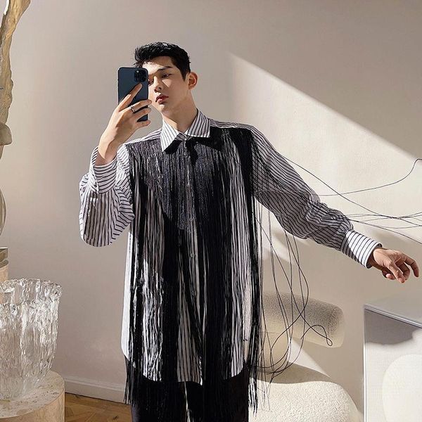 men's casual shirts 2021 spring and summer designer's personalized black white stripe long tassel show sleeve shirt hip hop haraju, White;black
men's casual shirts 2021 spring and summer designer's personalized black white stripe long tassel show sleeve shirt hip hop haraju, White;black
