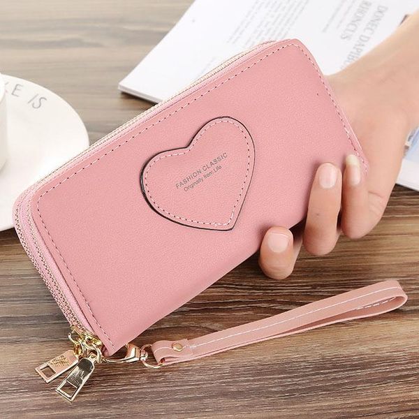 wallets fashion women brand lady purses handbags coin purse heart prints double zipper long clutch wallet card holder burse bags, Red;black