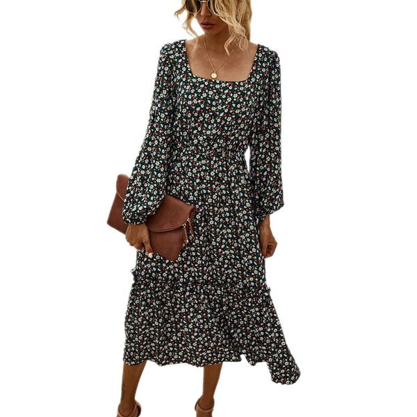women floral printed midi dress, square neck lantern sleeve sweet vintage dresses, Black;gray
women floral printed midi dress, square neck lantern sleeve sweet vintage dresses, Black;gray
