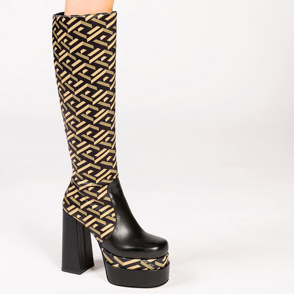 new fashion geometric pattern cowhide boots autumn winter color matching zipper knee-high boots high-heel platform knight boots, Black
new fashion geometric pattern cowhide boots autumn winter color matching zipper knee-high boots high-heel platform knight boots, Black