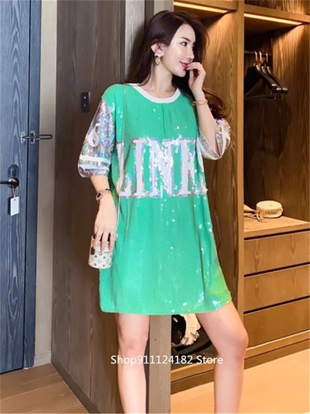 women's t-shirt european station heavy industry sequined short-sleeved summer dress loose mid-length glittering letter top, White
women's t-shirt european station heavy industry sequined short-sleeved summer dress loose mid-length glittering letter top, White