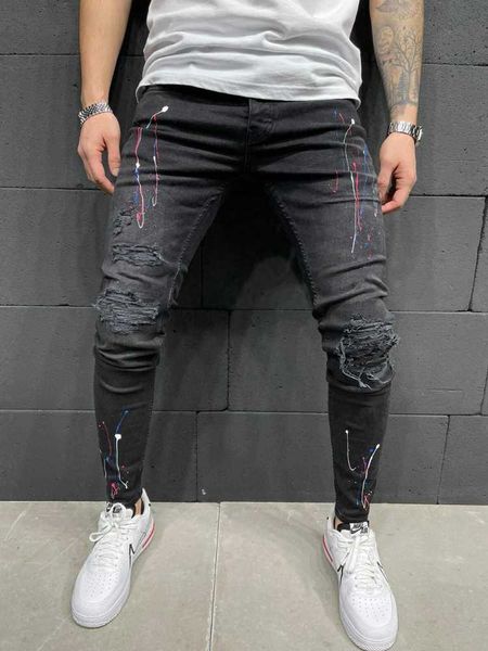 men's jeans men skinny ripped stretch fashion elastic paint punk pants scratched streetwear hip hop man, Blue
men's jeans men skinny ripped stretch fashion elastic paint punk pants scratched streetwear hip hop man, Blue