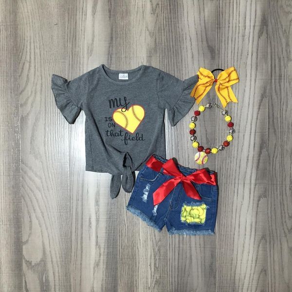 summer baby girls grey shirt denim shorts softball jeans outfit with bow and necklace, White
summer baby girls grey shirt denim shorts softball jeans outfit with bow and necklace, White