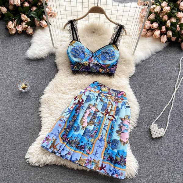 ins fashion holiday style women tracksuits suit summer printted short camisole pleated skirt two piece set female, Gray
ins fashion holiday style women tracksuits suit summer printted short camisole pleated skirt two piece set female, Gray