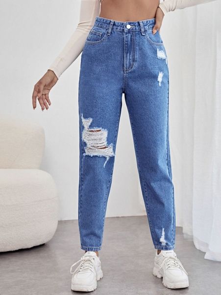 high waist ripped mom jeans l7hx#, Blue