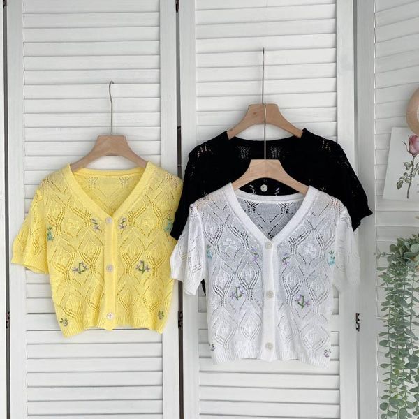 women's knits & tees singreiny women embroidery knitted cardigan short sleeve v neck single breasted summer korean streetwear thin out, White
women's knits & tees singreiny women embroidery knitted cardigan short sleeve v neck single breasted summer korean streetwear thin out, White