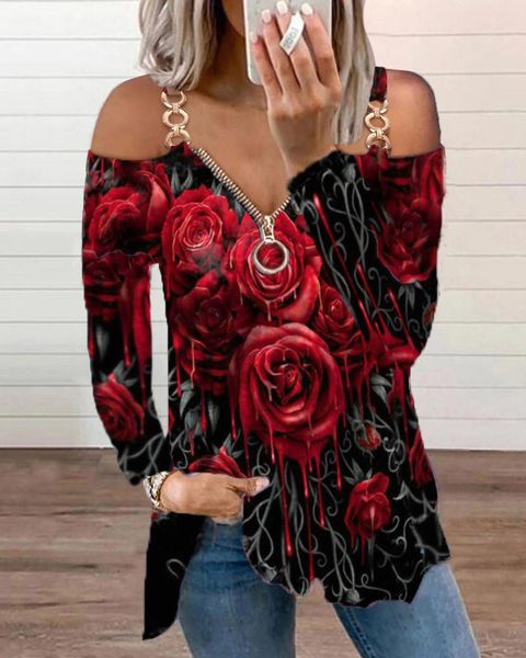 women's t-shirt women pullover autumn casual loose t-shirts rose print v-neck long sleeve off shoulder with zipper for girls, White
women's t-shirt women pullover autumn casual loose t-shirts rose print v-neck long sleeve off shoulder with zipper for girls, White