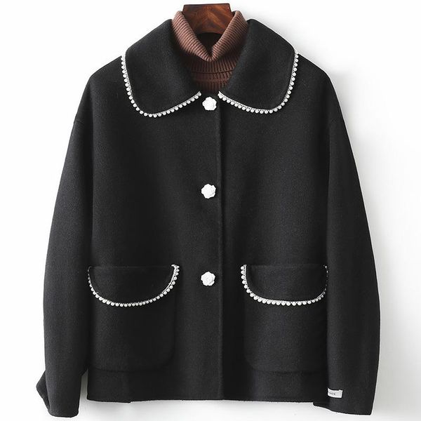 women's wool & blends 100% double-sided overcoat women ladies' simulated pearl casual lapel short coat small suit jacket autumn an, Black
women's wool & blends 100% double-sided overcoat women ladies' simulated pearl casual lapel short coat small suit jacket autumn an, Black