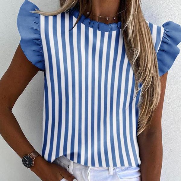 elegant striped print women blouse shirt casual summer butterfly short sleeve shirts 2021 new office lady ruffled ruffle o neck, White 
elegant striped print women blouse shirt casual summer butterfly short sleeve shirts 2021 new office lady ruffled ruffle o neck, White