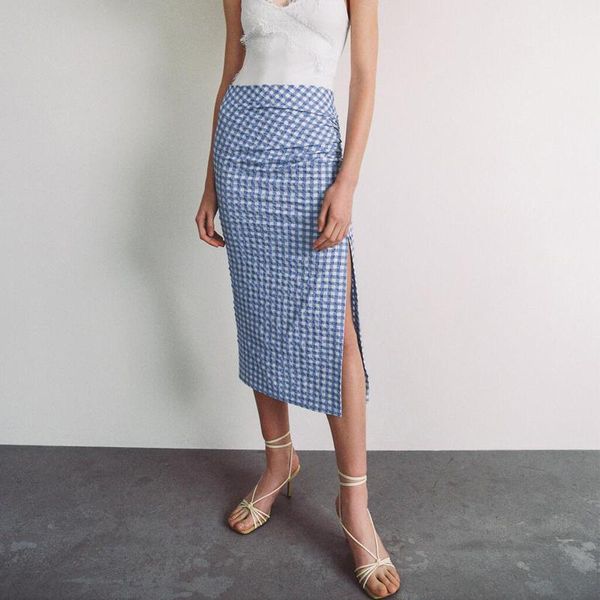 skirts summer women's casual plaid high waist pleated split skirt, Black