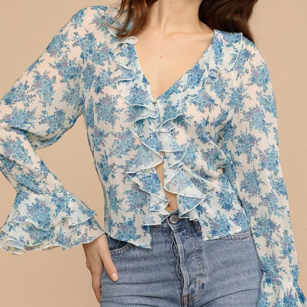 women's blouses & shirts floral print ruffles blouse ladies long sleeve v-neck semi-perspective fresh shirt and dpp4, White 
women's blouses & shirts floral print ruffles blouse ladies long sleeve v-neck semi-perspective fresh shirt and dpp4, White