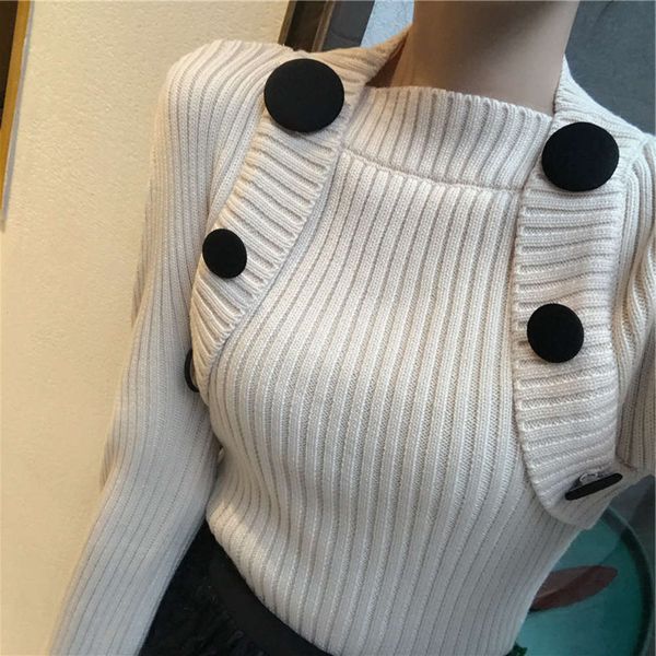 2021new fashion goddess temperament fake two button slim fit knitted sweater, White;black
2021new fashion goddess temperament fake two button slim fit knitted sweater, White;black