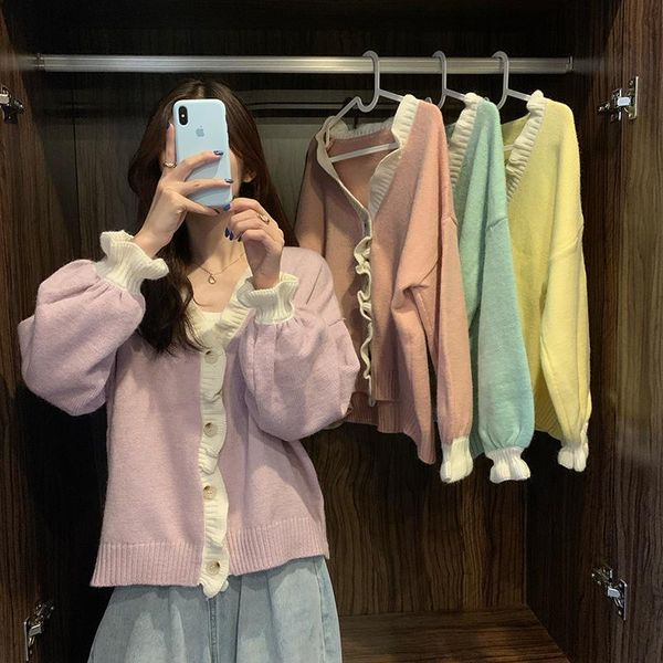 women's jackets 2021 spring and autumn solid color v-neck knitted long-sleeved cardigan ruffled sweater coat jacket women, Black;brown
women's jackets 2021 spring and autumn solid color v-neck knitted long-sleeved cardigan ruffled sweater coat jacket women, Black;brown
