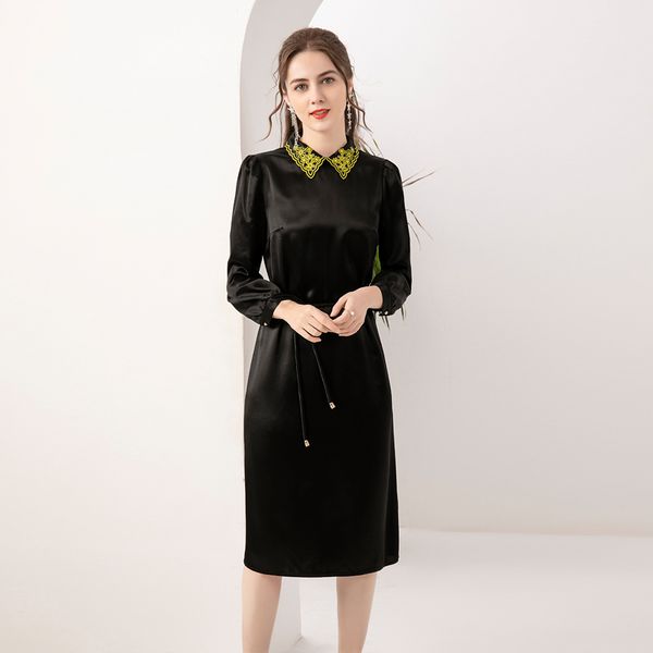 designer spring autumn new women's elegant retro fashion party lapel embroidery long sleeve black midi dress bdvn, Black;gray
designer spring autumn new women's elegant retro fashion party lapel embroidery long sleeve black midi dress bdvn, Black;gray
