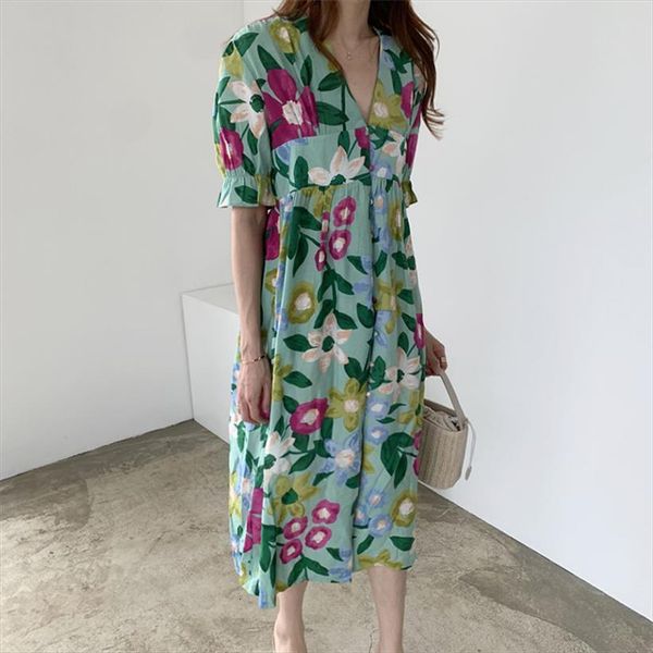 long summer floral colored women dress flowers loose button short sleeve casual v neck, Black;gray
long summer floral colored women dress flowers loose button short sleeve casual v neck, Black;gray