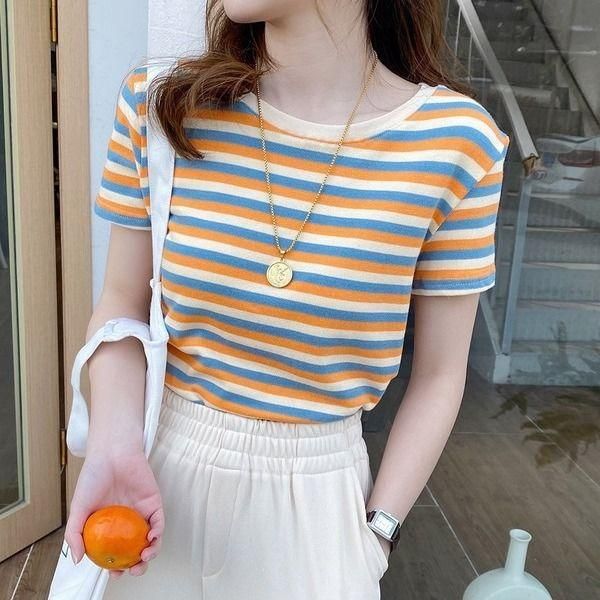 net red stripe short sleeve t-shirt summer new women's slim korean bottom coat, White
net red stripe short sleeve t-shirt summer new women's slim korean bottom coat, White