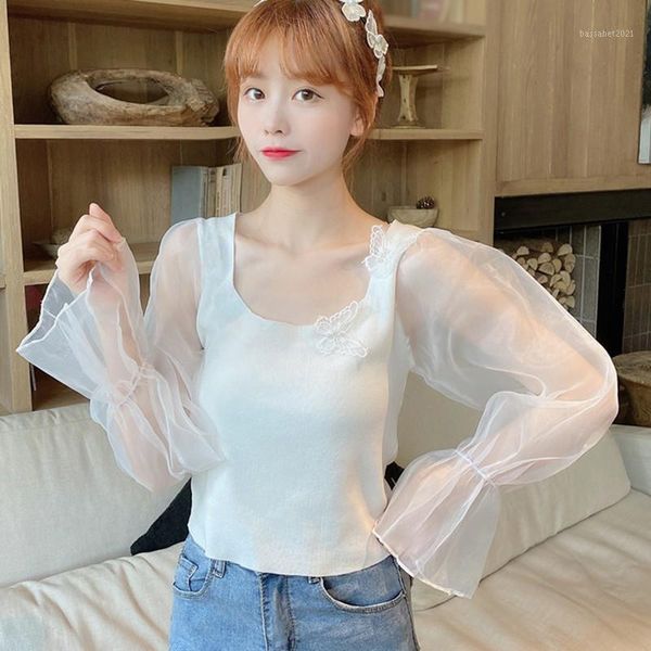 women's t-shirt women t shirt solid stitching puff sleeve casual sweet mesh square collar with applique knitted long, White
women's t-shirt women t shirt solid stitching puff sleeve casual sweet mesh square collar with applique knitted long, White