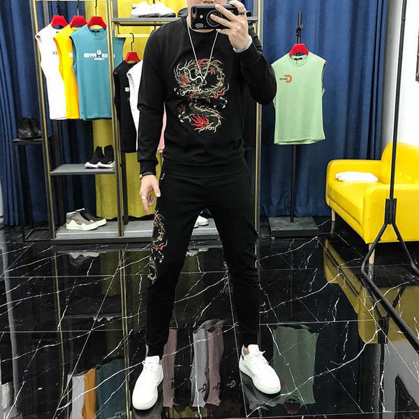 w1798 autumn new men's personalized longteng pattern embroidery versatile long sleeve sweater suit two piece youth fashion, Gray
w1798 autumn new men's personalized longteng pattern embroidery versatile long sleeve sweater suit two piece youth fashion, Gray