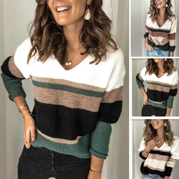 women's sweaters 2021 autumn winter stripe fashion pullover stitching v-neck large size sweet temperament versatile knitted sweater for, White;black
women's sweaters 2021 autumn winter stripe fashion pullover stitching v-neck large size sweet temperament versatile knitted sweater for, White;black