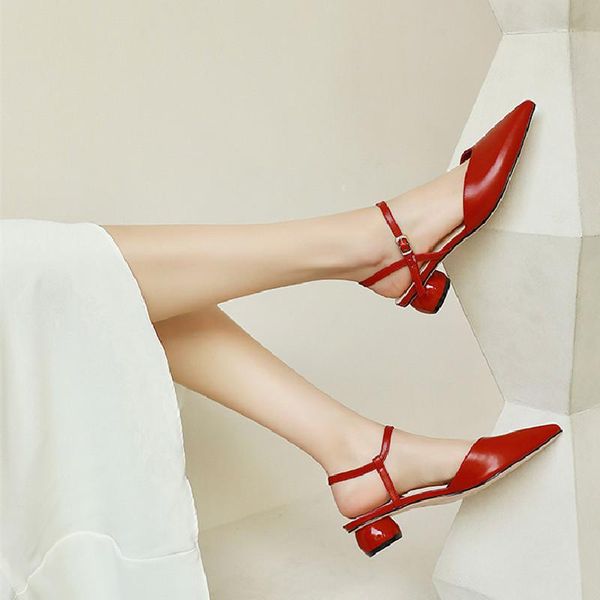 sandals female classic pumps thick heel one-line buckle women pointed toes slingback zapatillas mujer leather shoes, Black