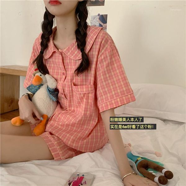 summer plaid home clothes can go out for leisure girl cute baby collar short sleeve shorts pajamas suit men's sleepwear, Black;brown
summer plaid home clothes can go out for leisure girl cute baby collar short sleeve shorts pajamas suit men's sleepwear, Black;brown