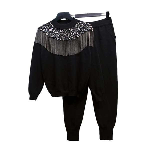 women's two piece pants spring fashion black knitted outfits women handwork diamond tassel sweater long 2 set female loose casual knit, White
women's two piece pants spring fashion black knitted outfits women handwork diamond tassel sweater long 2 set female loose casual knit, White