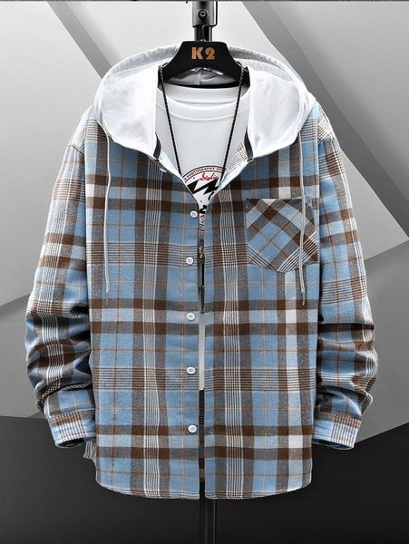 men buffalo plaid patched pocket drawstring hooded shirt without tee 51mn#, White;black
men buffalo plaid patched pocket drawstring hooded shirt without tee 51mn#, White;black