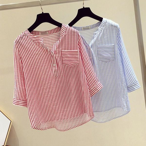women shirt blouse fashion leisure v neck button stripe half sleeve shirts short sleeve striped summer blouses, White
women shirt blouse fashion leisure v neck button stripe half sleeve shirts short sleeve striped summer blouses, White