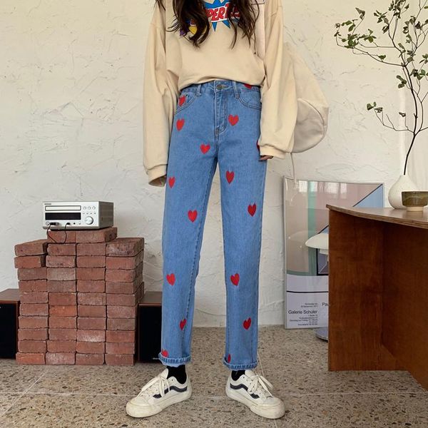 new spring and autumn korean style love heart high waist straight pants loose jeans women, Blue
new spring and autumn korean style love heart high waist straight pants loose jeans women, Blue