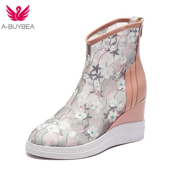 boots spring/autumn embroider ankle for women mesh shoes wedges zipper high heels, Black 
boots spring/autumn embroider ankle for women mesh shoes wedges zipper high heels, Black