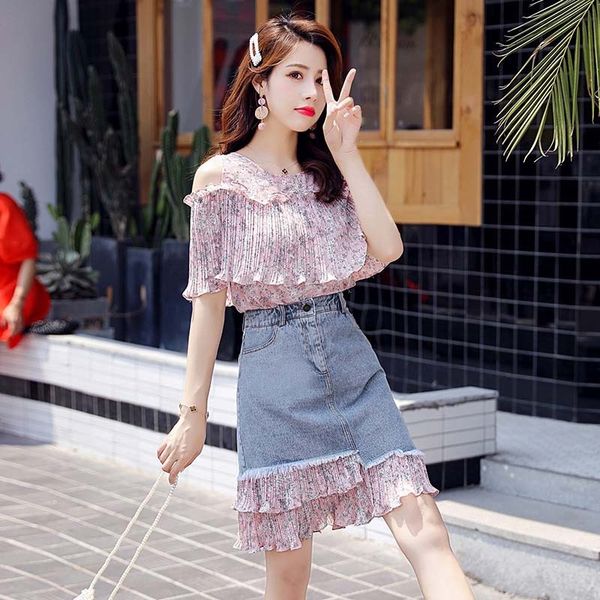 female chiffon shirt, bust denim suit, summer fashion floral blouse, skirt 2 ensemble hwo0, White
female chiffon shirt, bust denim suit, summer fashion floral blouse, skirt 2 ensemble hwo0, White