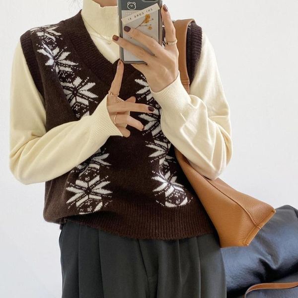 college style v-neck outside with snowflake vest vest female spring and autumn korean retro color matching sweater ll9276, White;black
college style v-neck outside with snowflake vest vest female spring and autumn korean retro color matching sweater ll9276, White;black