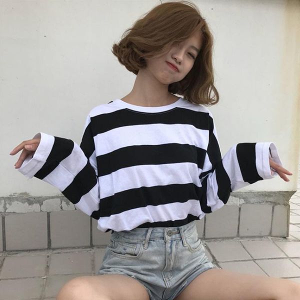 women's t-shirt korean t-shirts round neck tee autumn striped loose casual all-match concise plu size, White 
women's t-shirt korean t-shirts round neck tee autumn striped loose casual all-match concise plu size, White